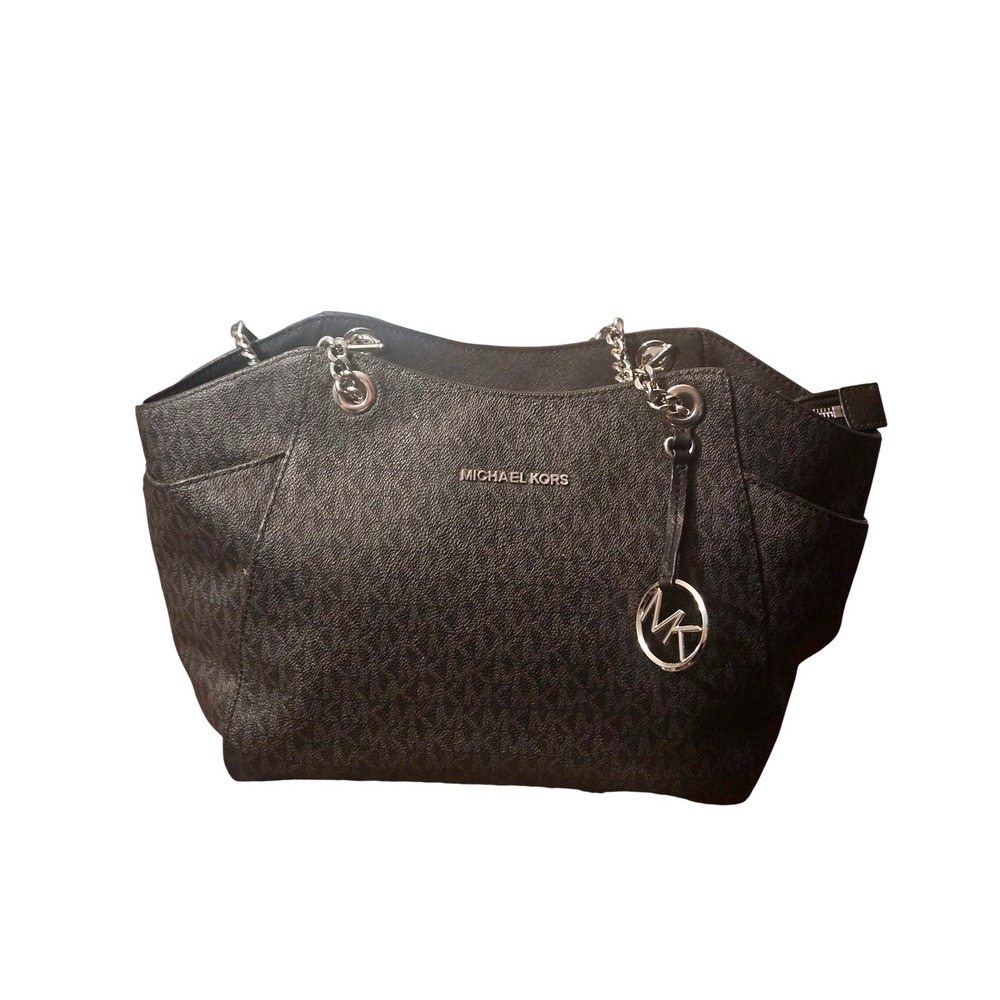 Michael Kors Jet Set Black Signature Monogram Tote Shoulder Bag Silver Hardware
